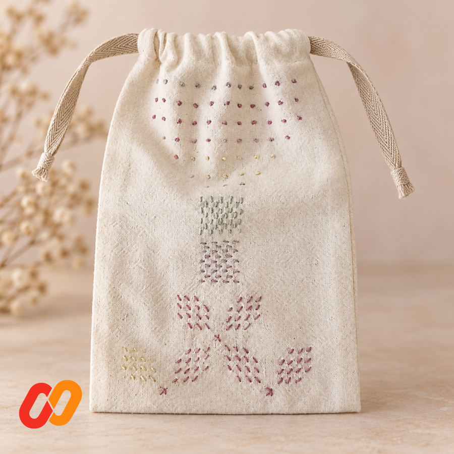 Hand-Embroidered Sashiko Drawstring Pouch — Off-White