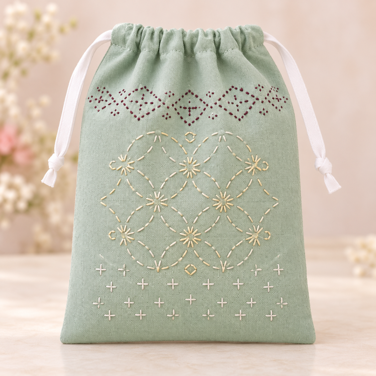 Hand-Embroidered Sashiko Drawstring Pouch — Pastel Green
