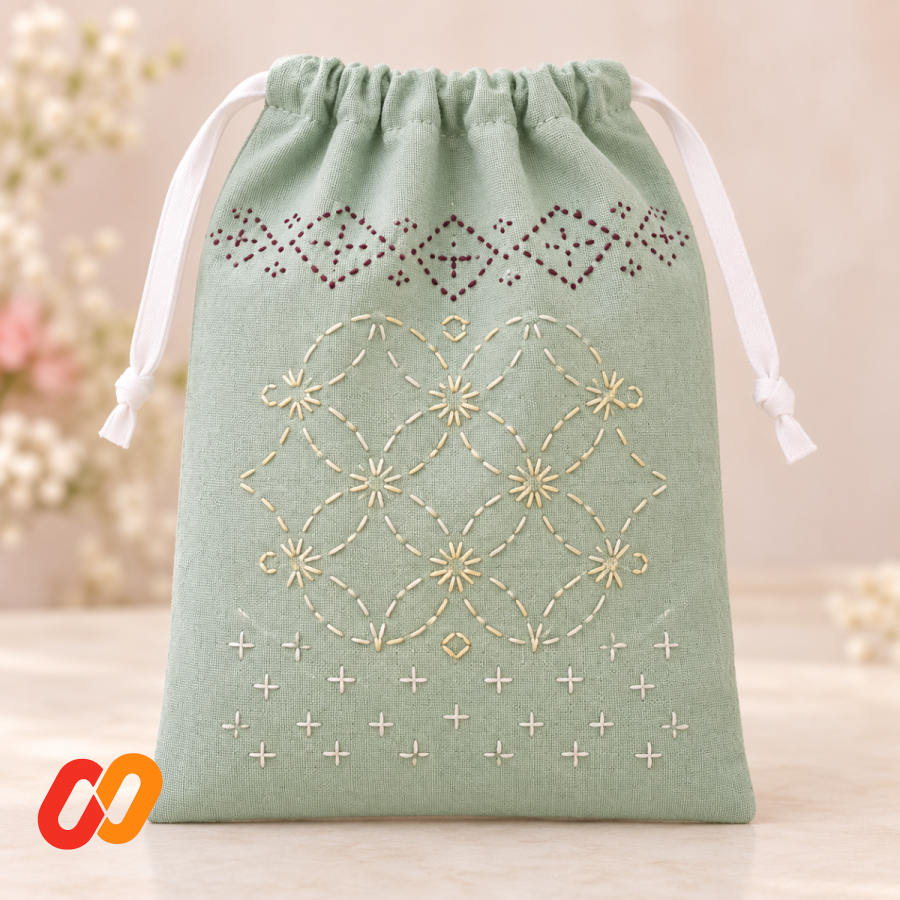 Hand-Embroidered Sashiko Drawstring Pouch — Pastel Green