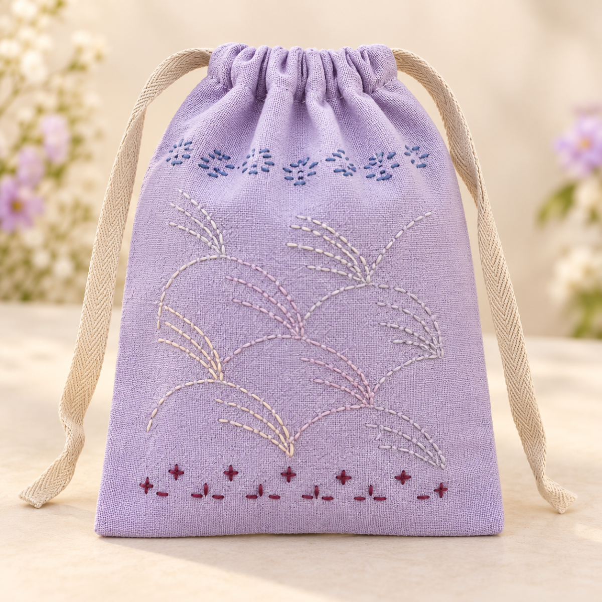 Hand-Embroidered Sashiko Drawstring Pouch — Pastel Purple
