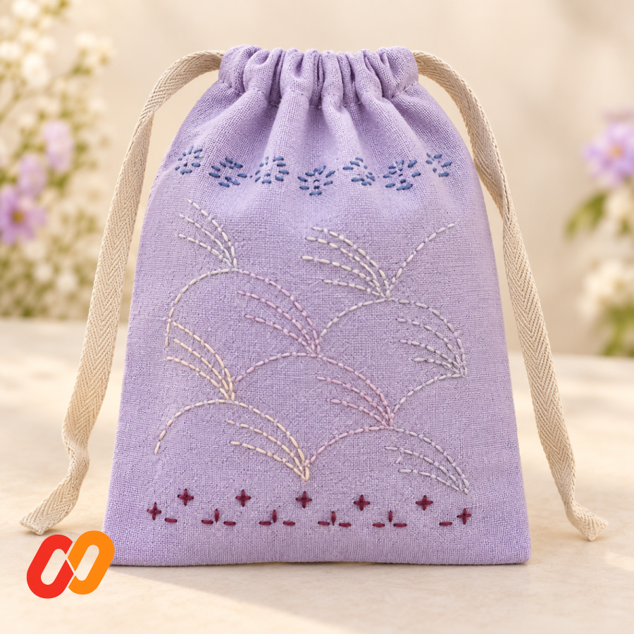 Hand-Embroidered Sashiko Drawstring Pouch — Pastel Purple