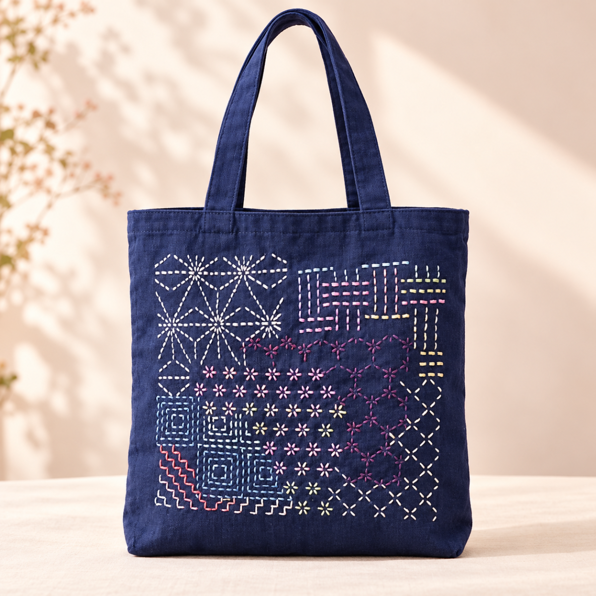 Hand-Embroidered Sashiko Tote Bag — Navy Blue