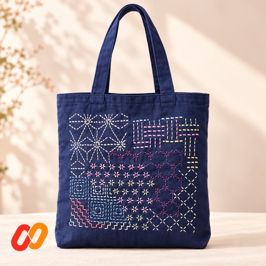 Hand-Embroidered Sashiko Tote Bag — Navy Blue
