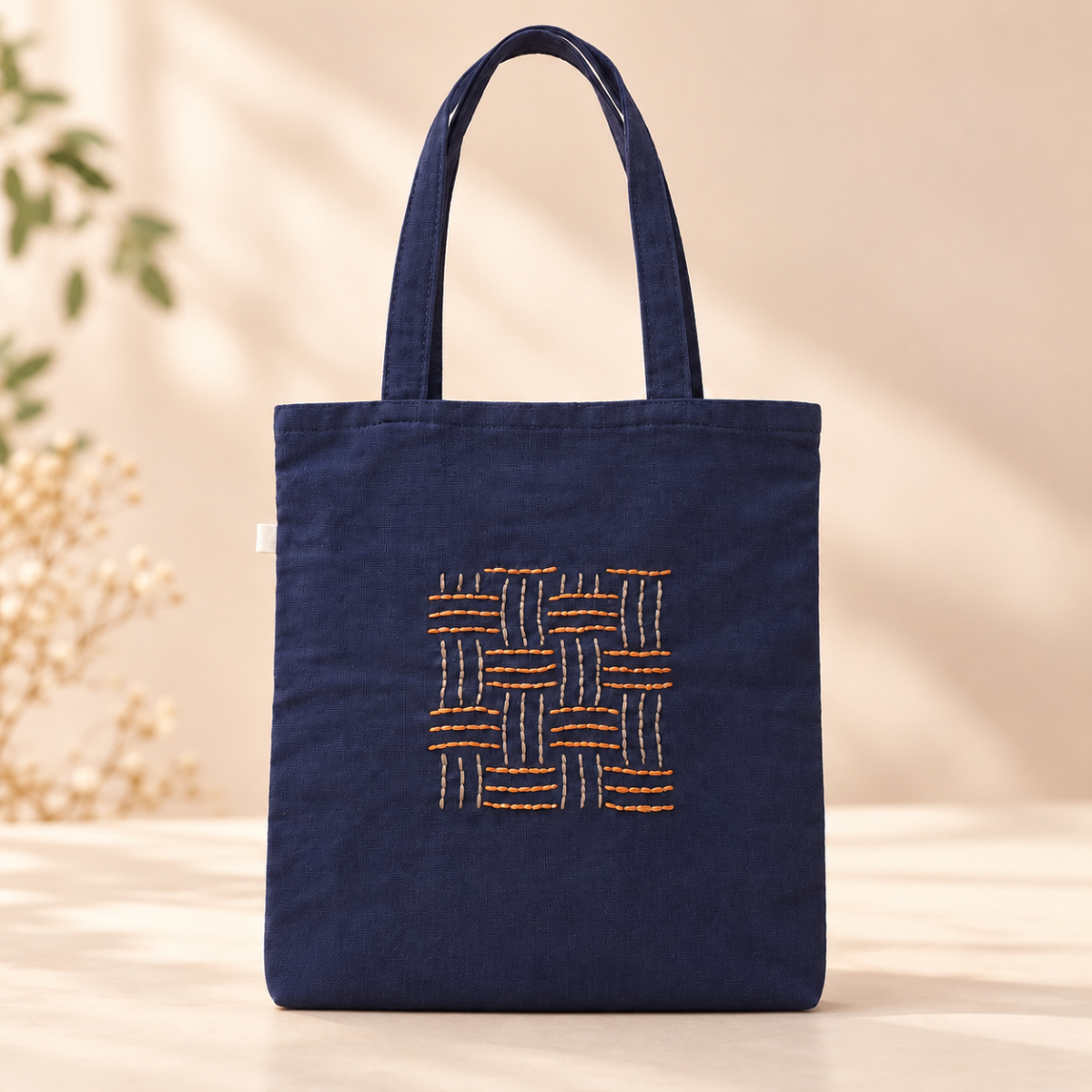 Hand-Embroidered Sashiko Tote Bag — Navy & Orange