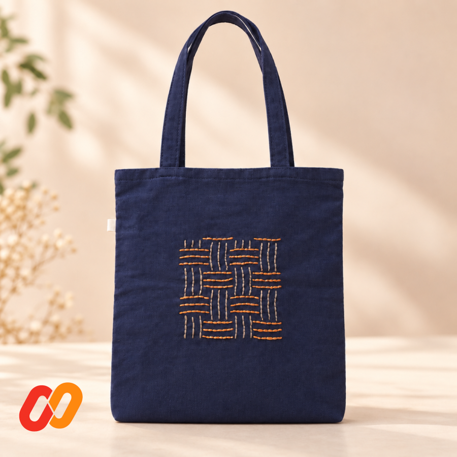 Hand-Embroidered Sashiko Tote Bag — Navy & Orange