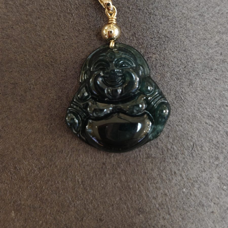 Vivid Green Jadeite Laughing Buddha Pendant, Type A, 20.25 ct — AIG Certified