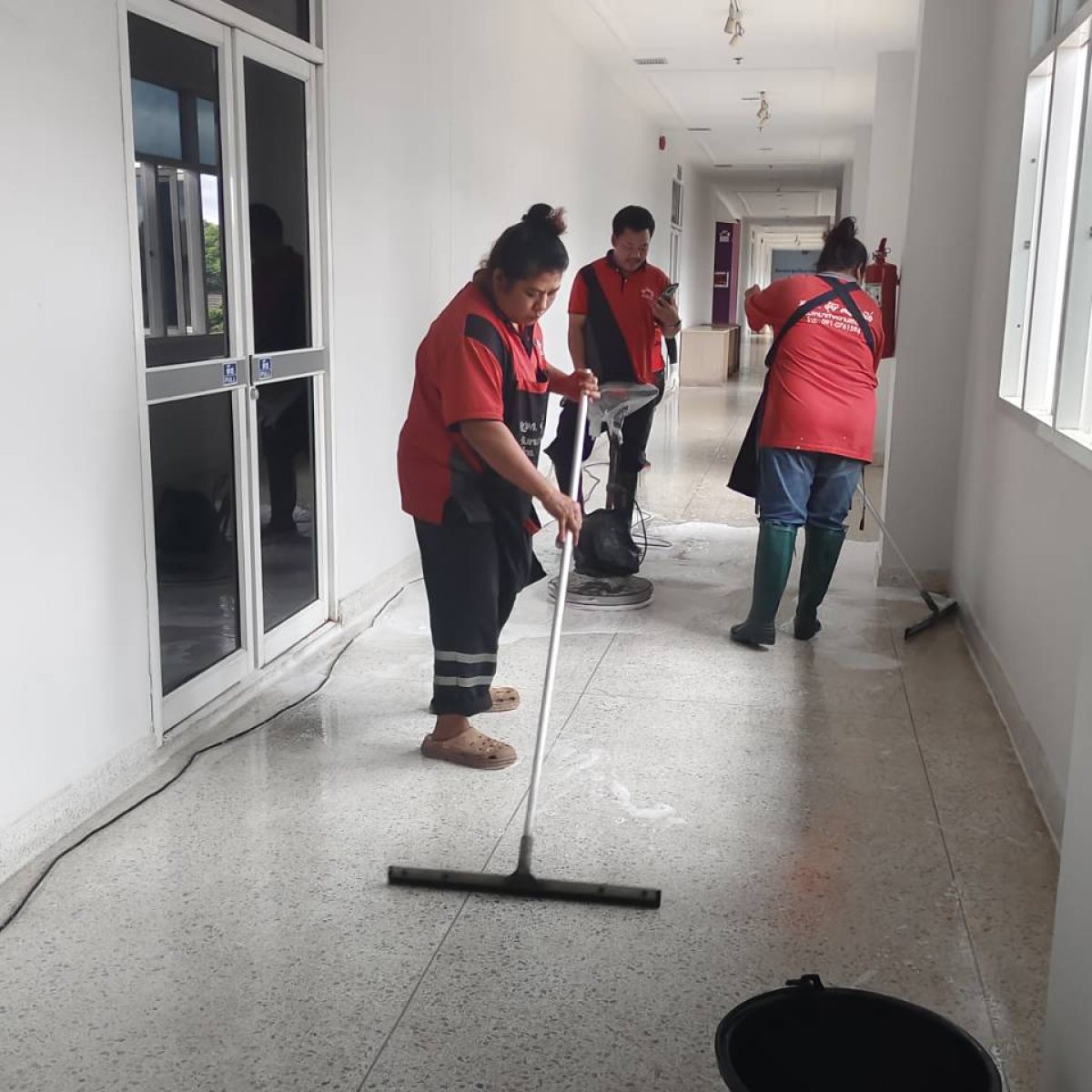 Team at work in a corridor