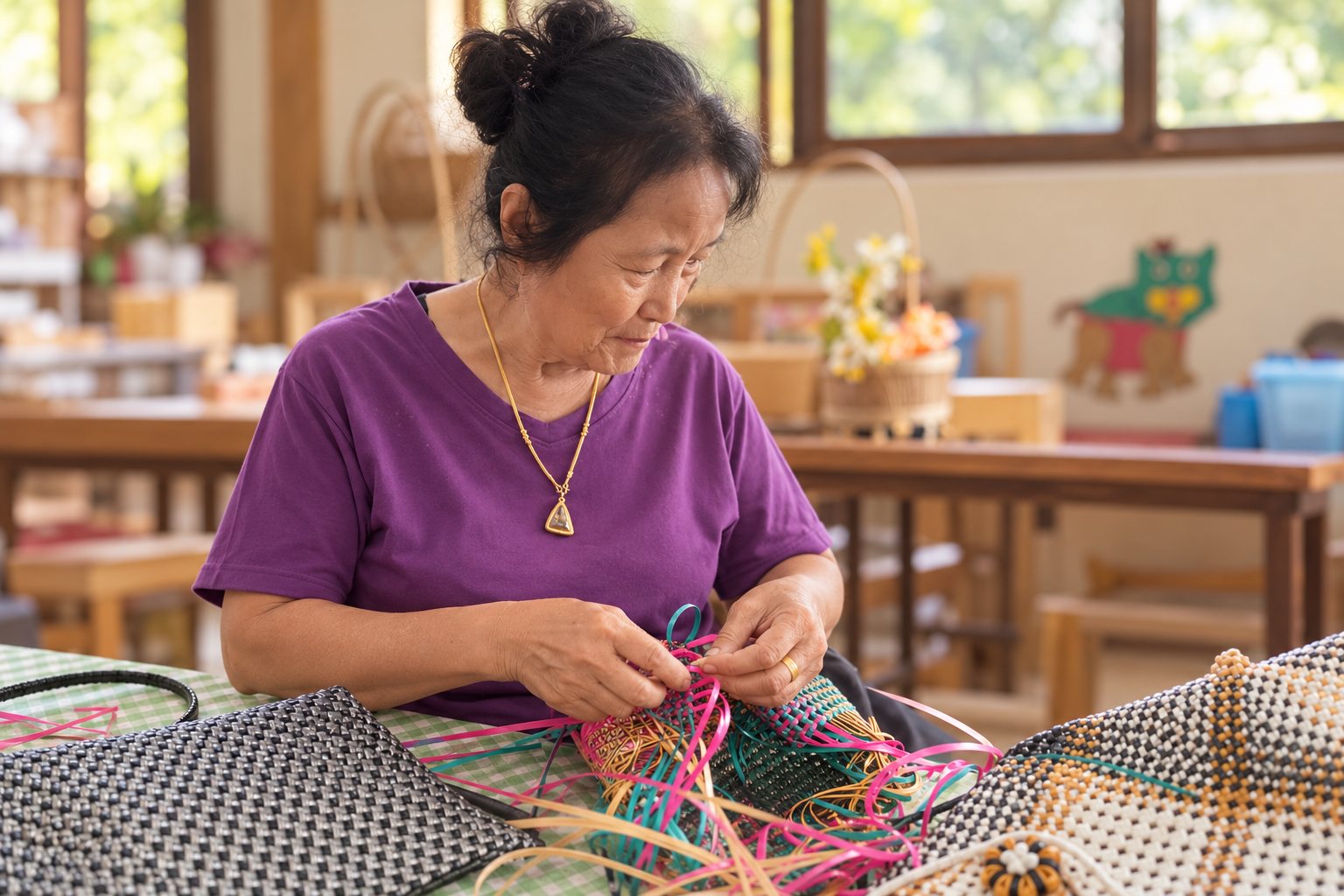 An artisan at work, one colourful strand at a time.